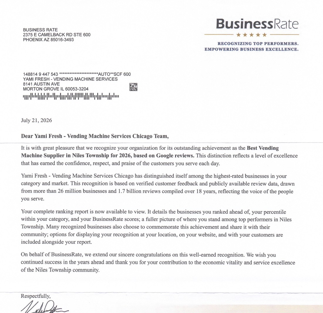 BusinessRate recognition letter naming Yami Fresh the Best Vending Machine Supplier in Niles Township for 2026