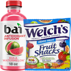 Bai Kula Watermelon antioxidant water and Welch's mixed fruit snacks