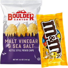 Boulder Canyon malt vinegar sea salt chips and peanut M&Ms
