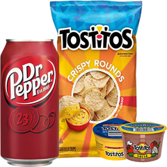 Dr Pepper can, Tostitos Crispy Rounds chips, and dipping cups