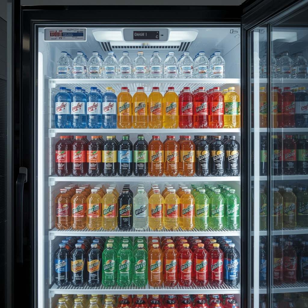 Commercial glass-door refrigerator cooler stocked with assorted cold beverages in a break room