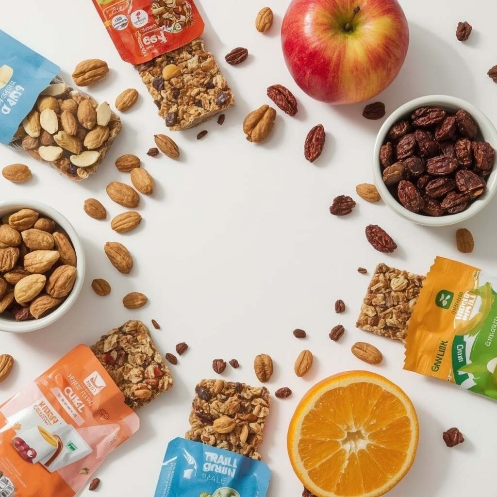 Colorful assortment of healthy office snacks including granola bars, nuts, and fresh fruit