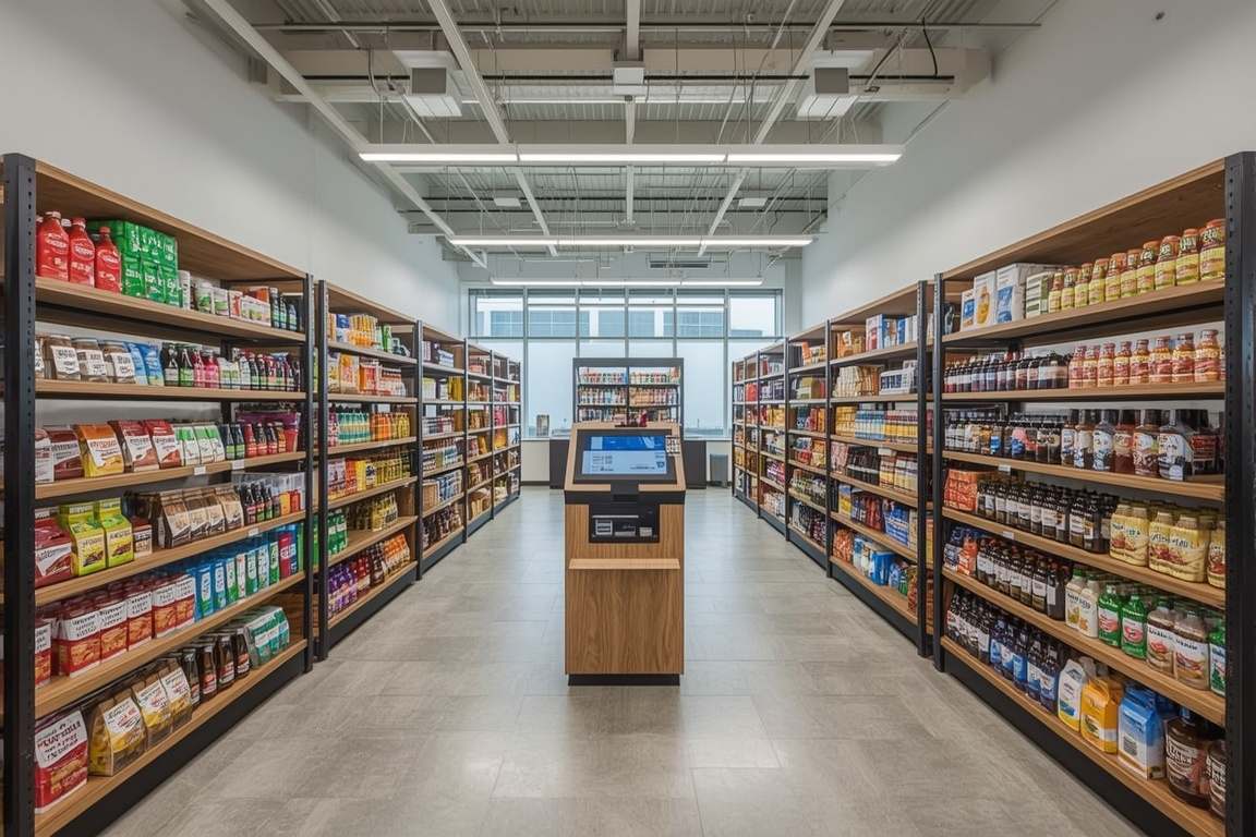 Open office micro market with fully stocked shelves and touchscreen self-checkout kiosk