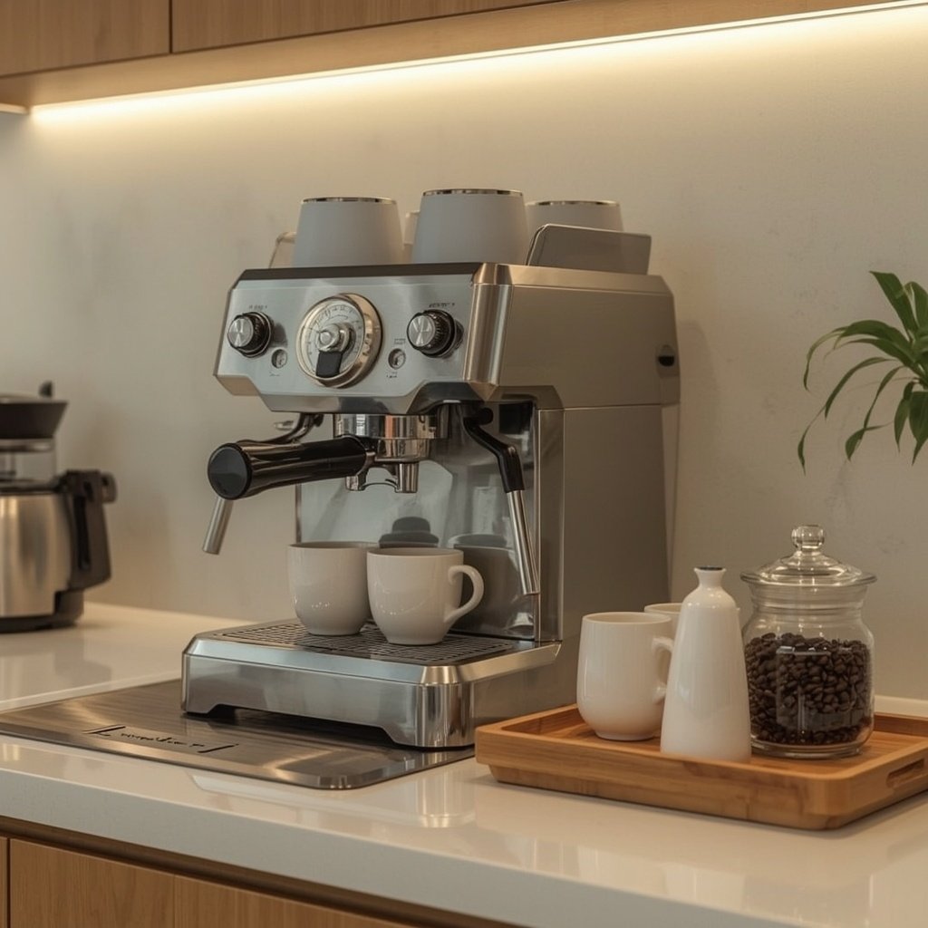 Sleek office coffee station with espresso machine, ceramic mugs, and whole coffee beans
