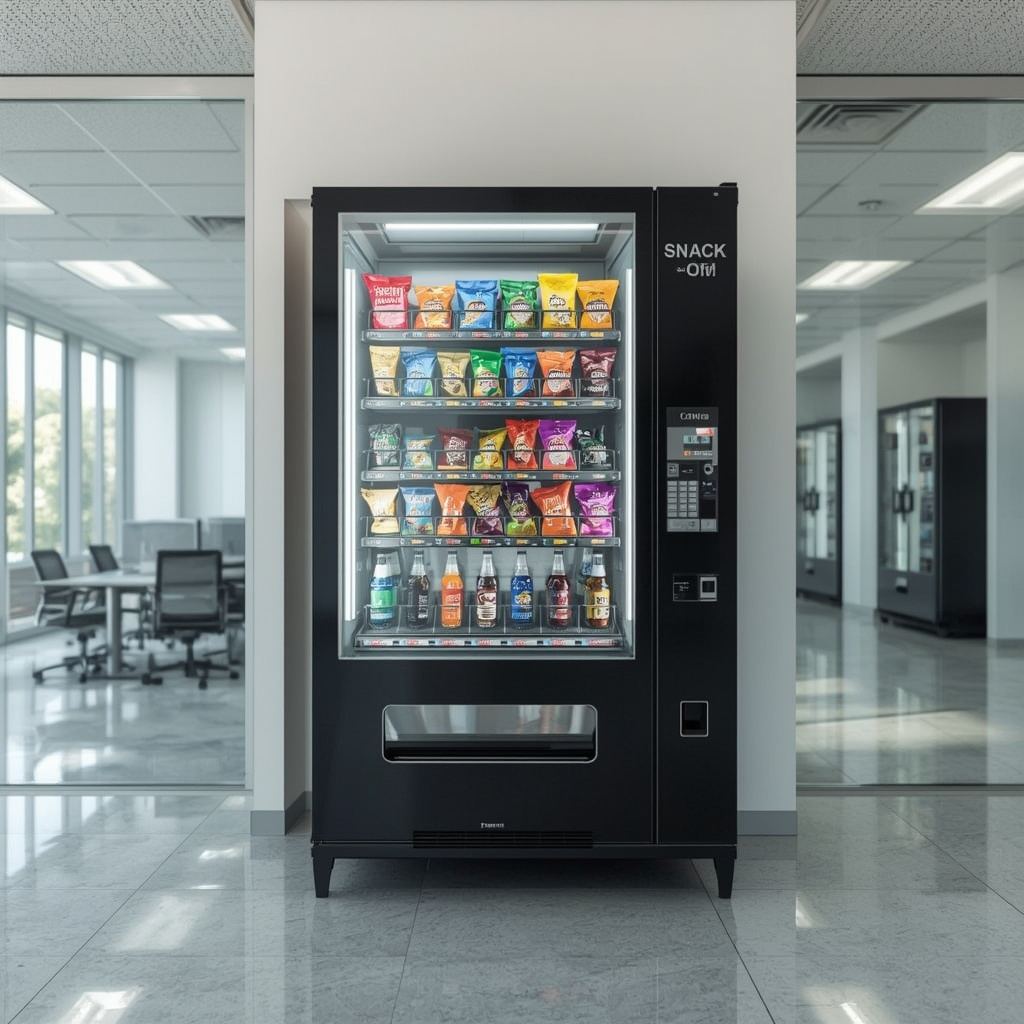 Modern glass-front snack and drink vending machine in a contemporary office hallway
