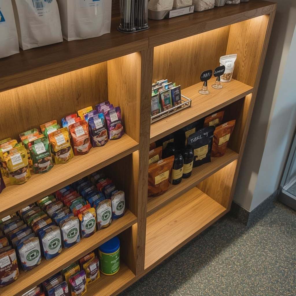 Neatly organized break room snack shelves stocked with healthy snack packages and trail mix