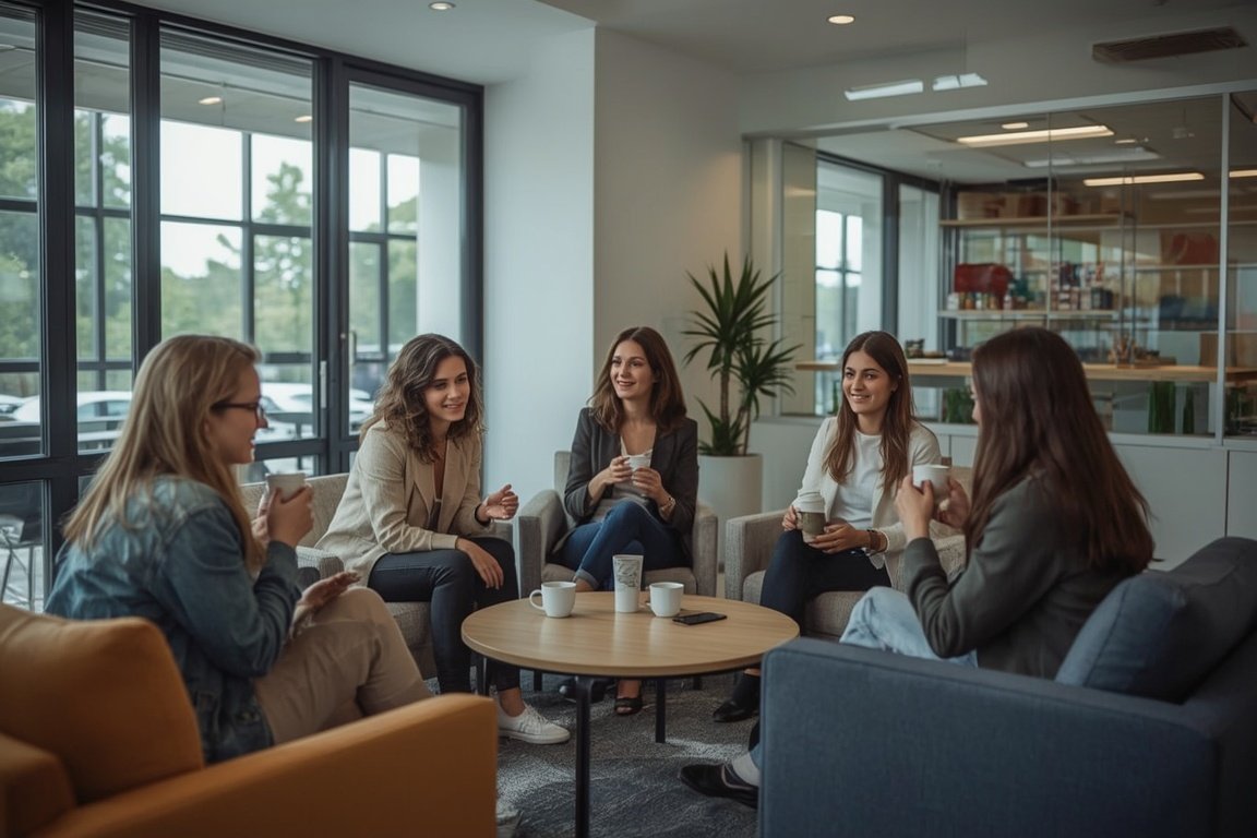 Employees enjoying coffee and snacks together in a bright modern office break room