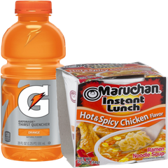 Gatorade orange sports drink and Maruchan instant lunch