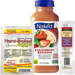 Hard boiled eggs, Naked juice smoothie, and pepper jack cheese stick