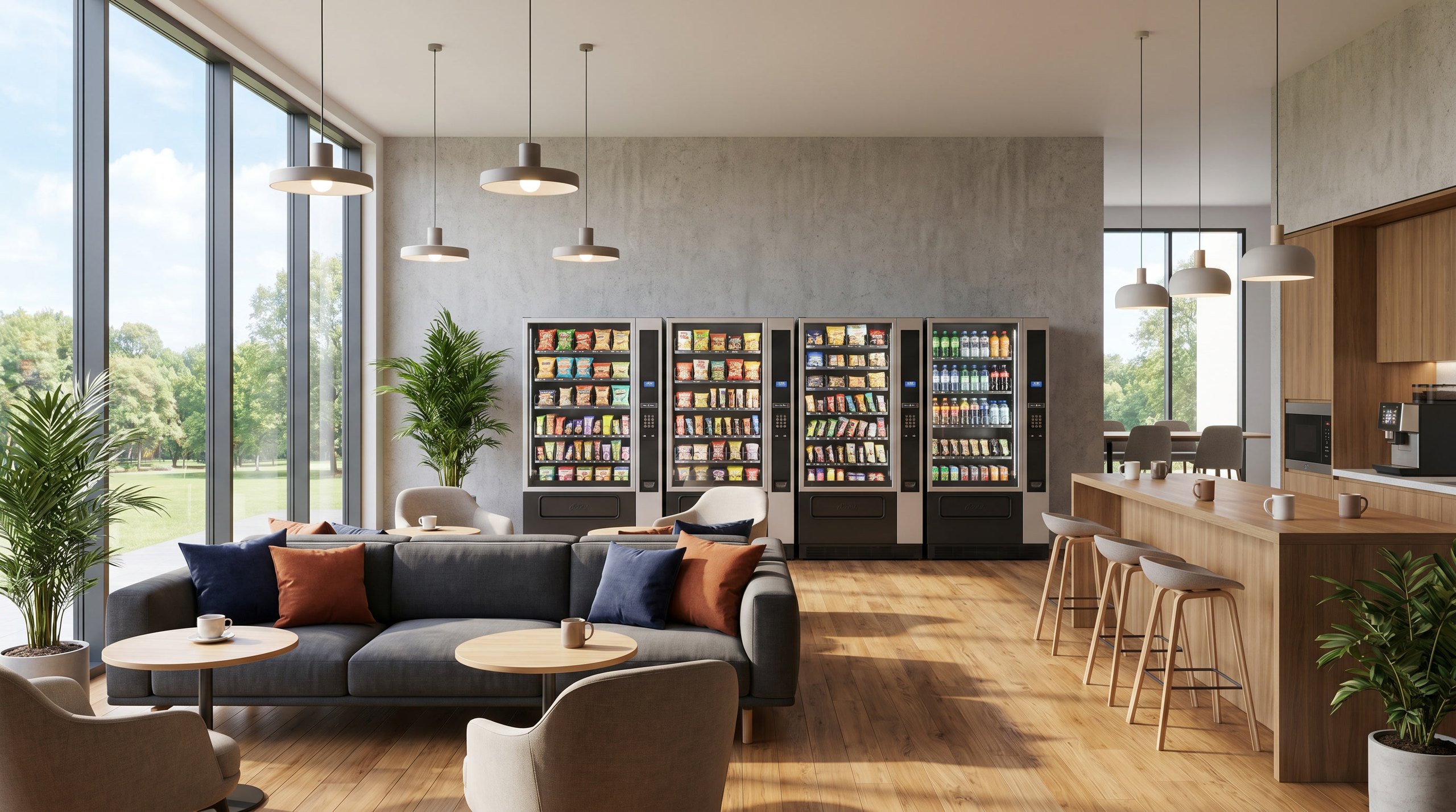 Modern Chicago office break room lounge with a row of stocked vending machines, lounge seating and a coffee bar