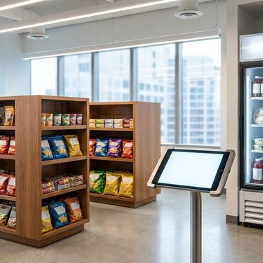 Open micro market with fresh food shelves and self-checkout kiosk in Chicago office
