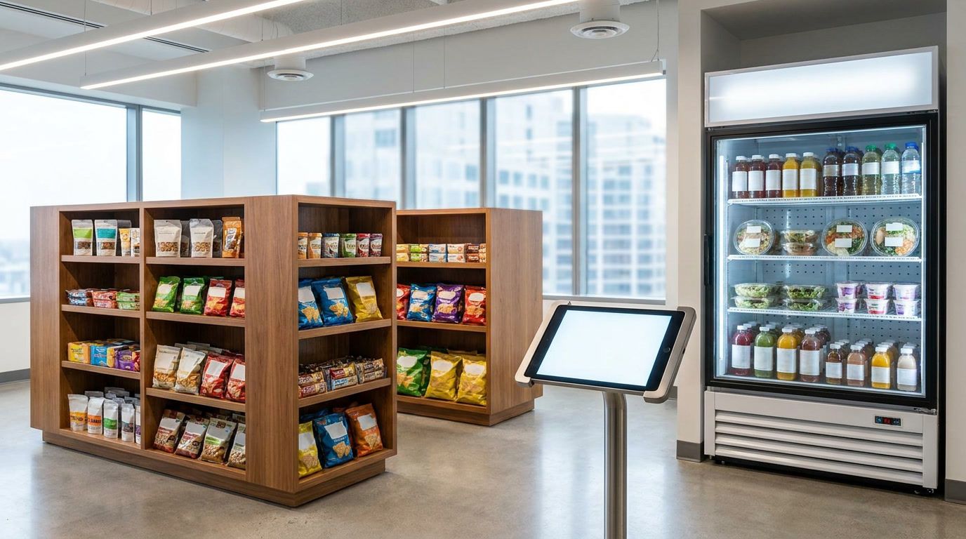 Open micro market with fresh food, self-checkout kiosk and shelved snacks in a Chicago office