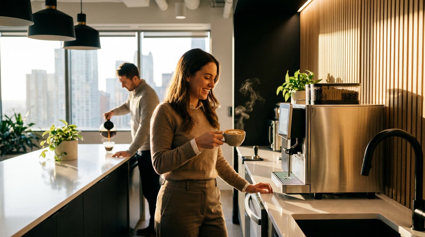 Premium office coffee service with single-cup brewers and fresh beans in a Chicago workplace