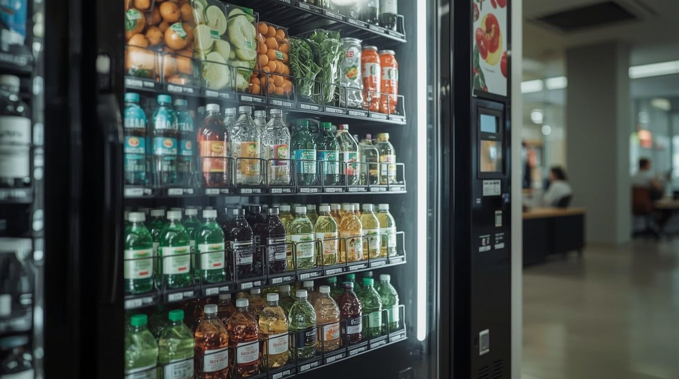 Modern vending machine stocked with drinks and fresh food in a Chicago-area office