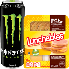 Monster Energy drink and Lunchables ham and cheddar lunch combo