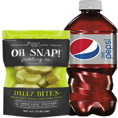 Oh Snap dill pickle bites and Pepsi diet soda